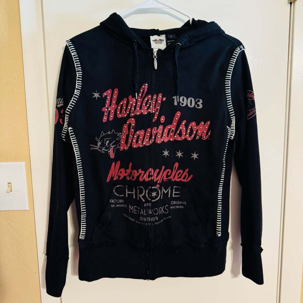 Harley-Davidson Women’s L Blk Studded Bling Full Zip Hoodie Y2K Moto Whipstitch